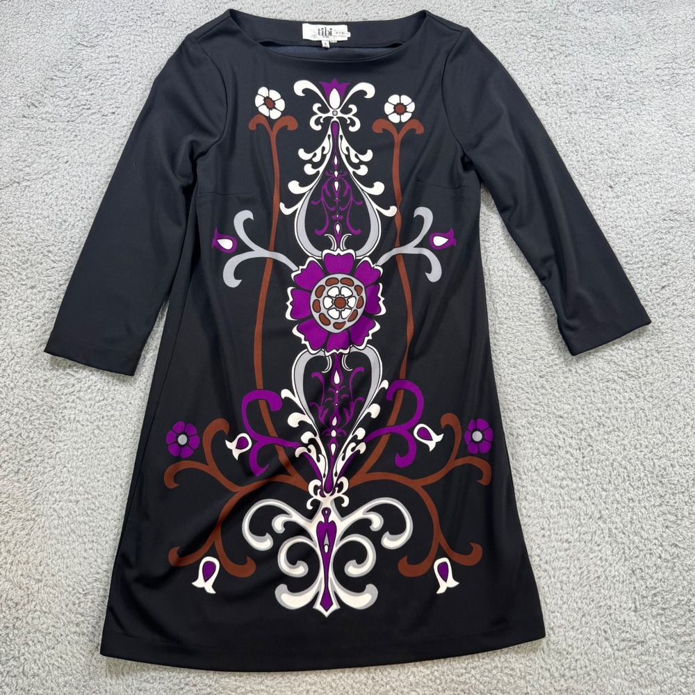 Tibi Black‎ Floral Print 3/4 Sleeve Shift Dress Women's Size S